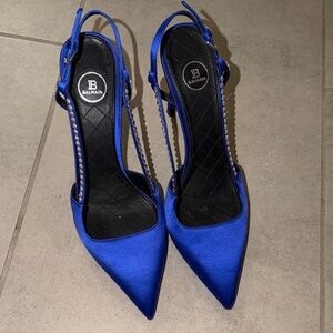 Balmain Cobalt Blue Satin Pointed Slingback Heels with Crystal Trim